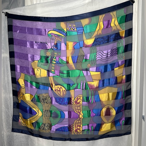 Vintage Picasso Multi Colored Cubist Abstract Artsy Silk Scarf Wrap Tapestry - Picture 11 of 14